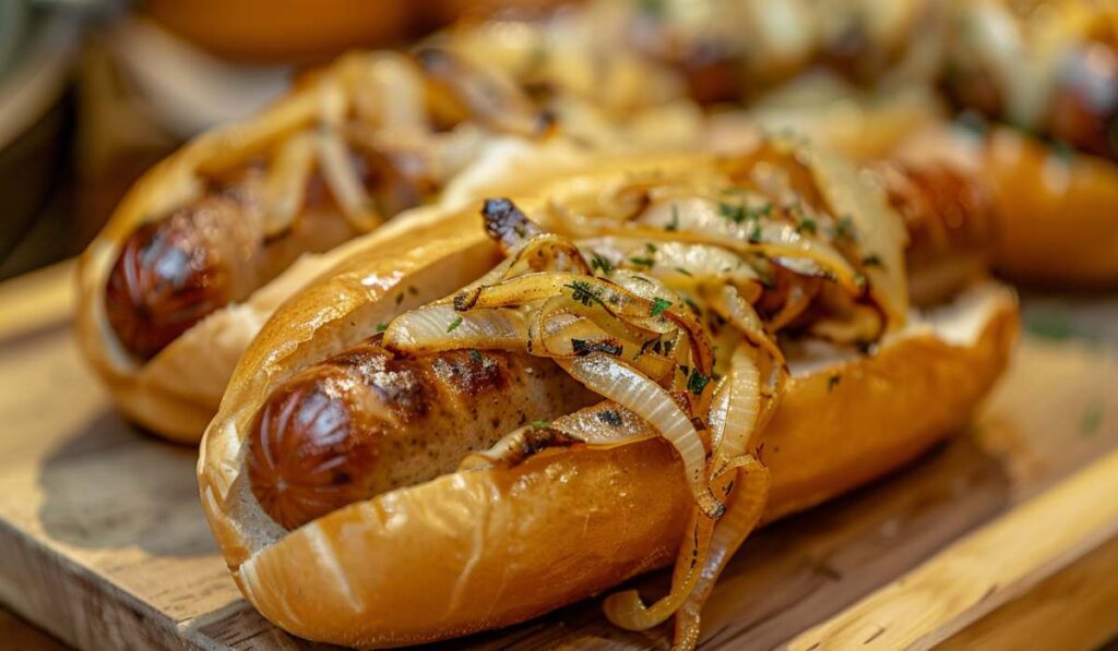 Gourmet bratwurst hot dog with fried onions.